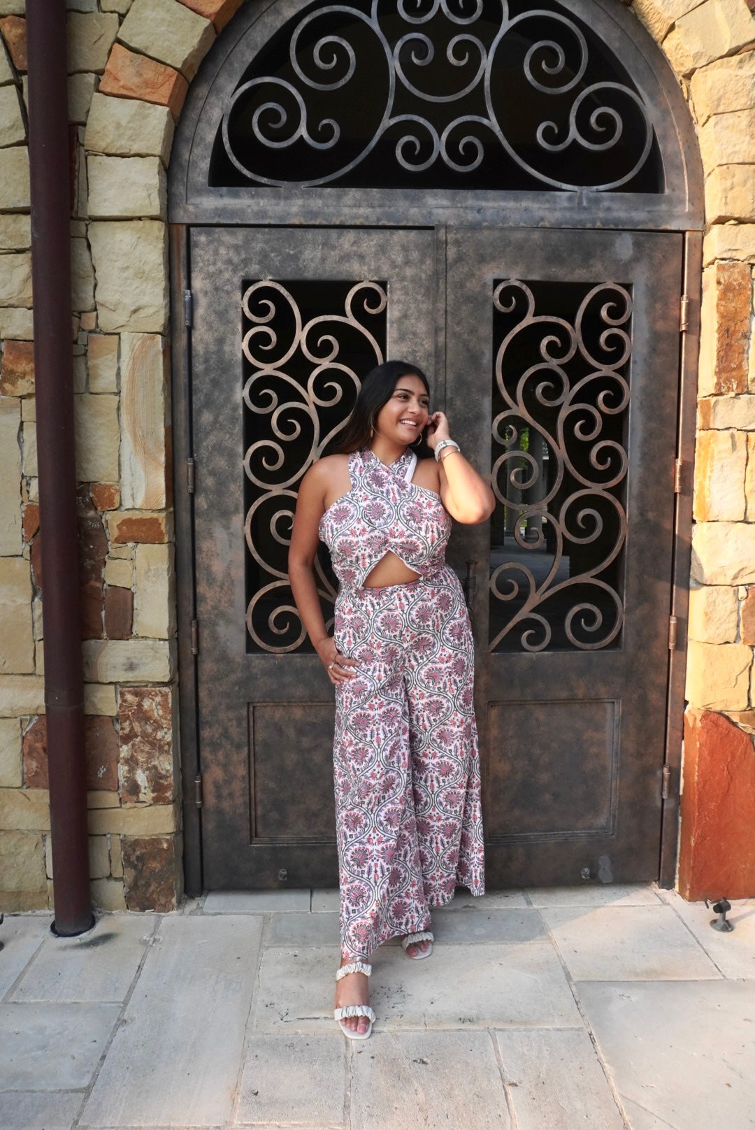 Hand Block Printed Halterneck Cutout Jumpsuit