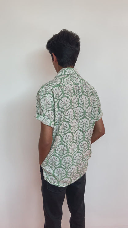 Jade Green Floral Block Printed Men's Short Sleeve Button Up