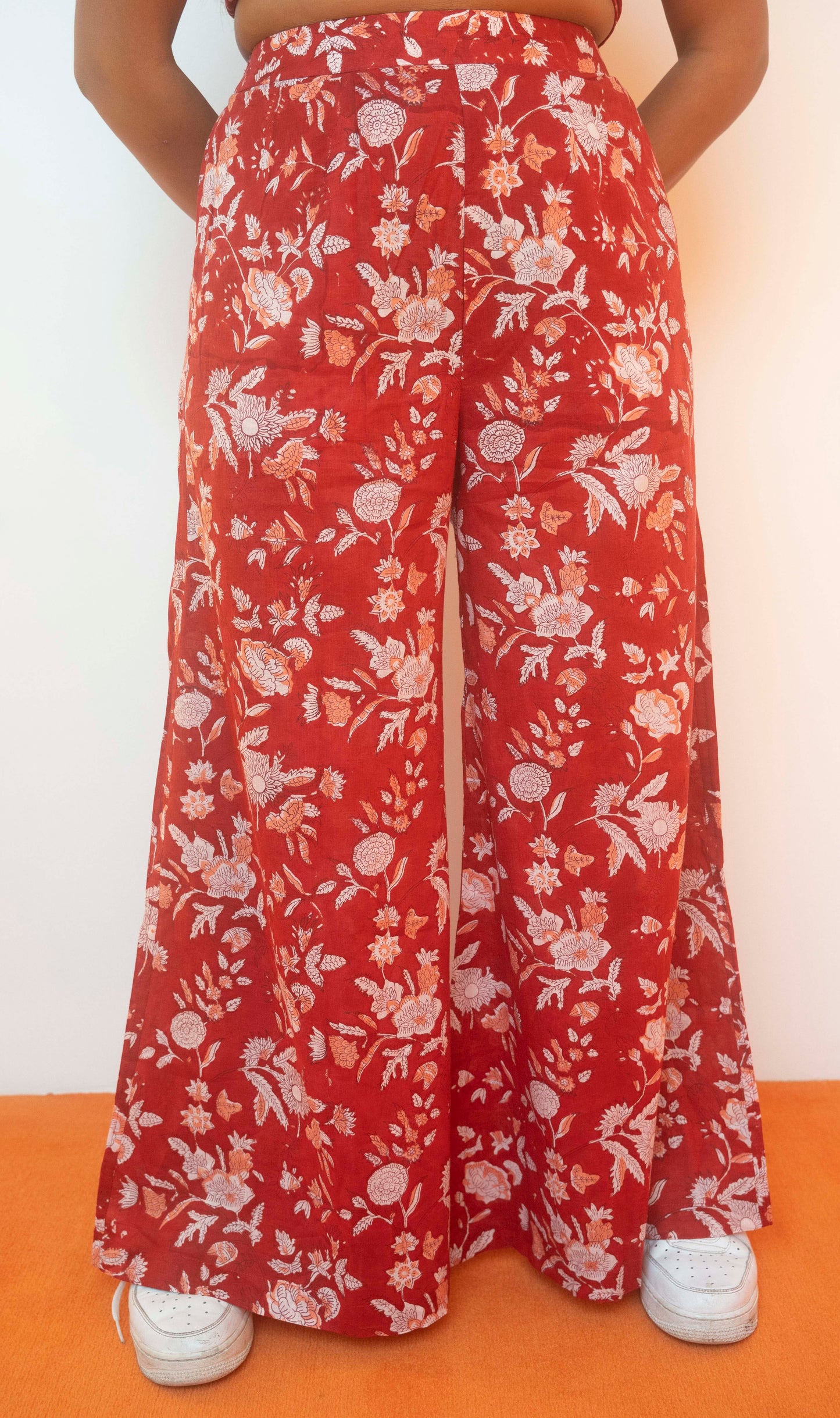Red Floral Hand Block Printed Wide Leg Pant Set (Pants)