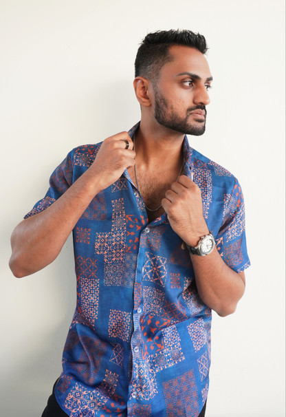 Blue Satin Printed Short Sleeve Button Up